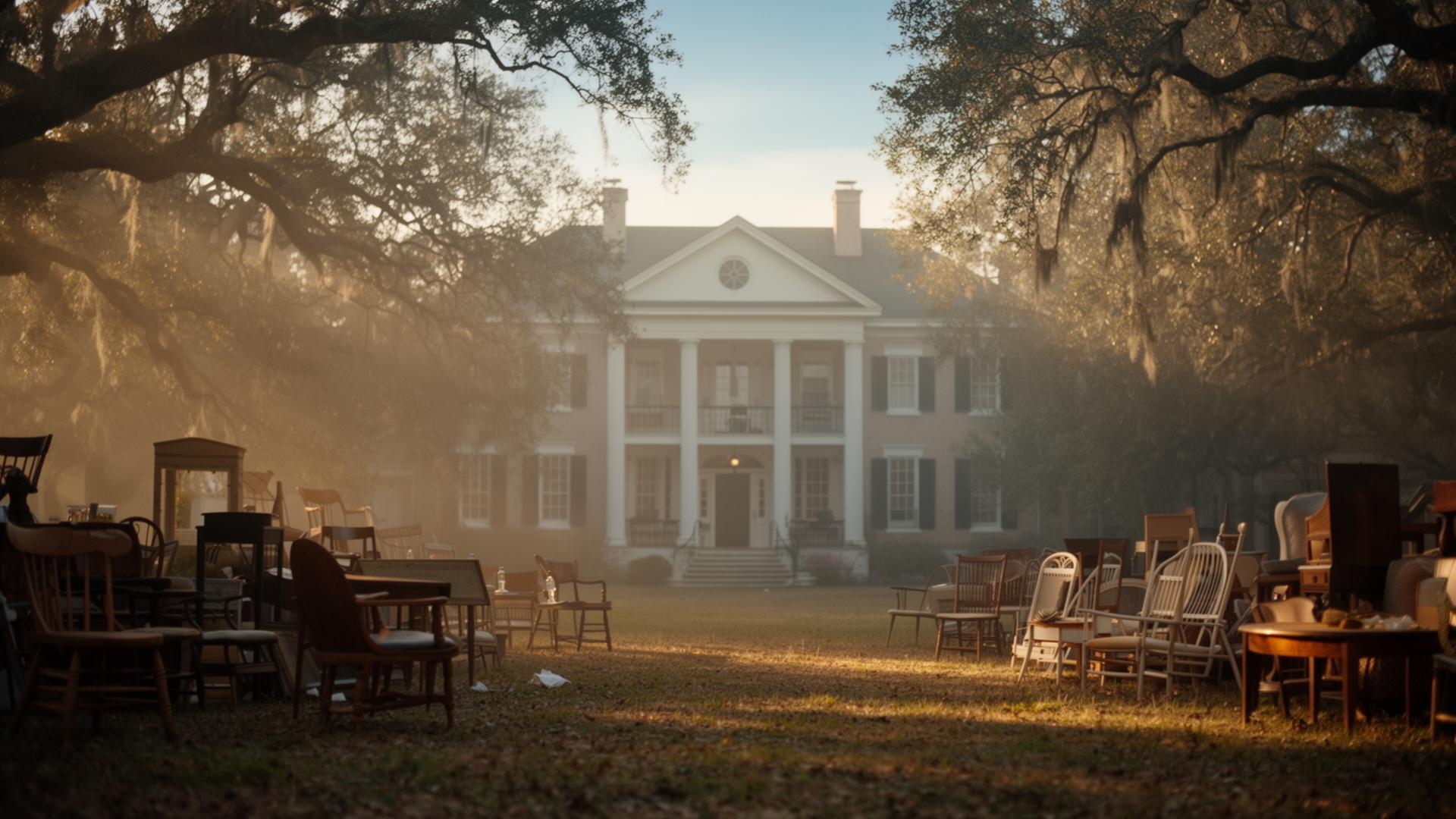Grand estate at golden hour with antique furniture on the lawn